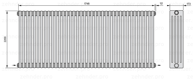 Схема (чертеж) Радиатор Zehnder Charleston 5220/38 №2670 Белый глянцевый RAL 9016